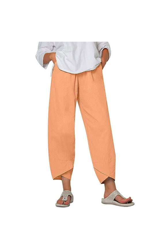 CQONEPT Cotton Linen Pants for Women Elastic Waisted Tulip Pant with Pockets Causal Solid Wide Leg Bottoms,Orange