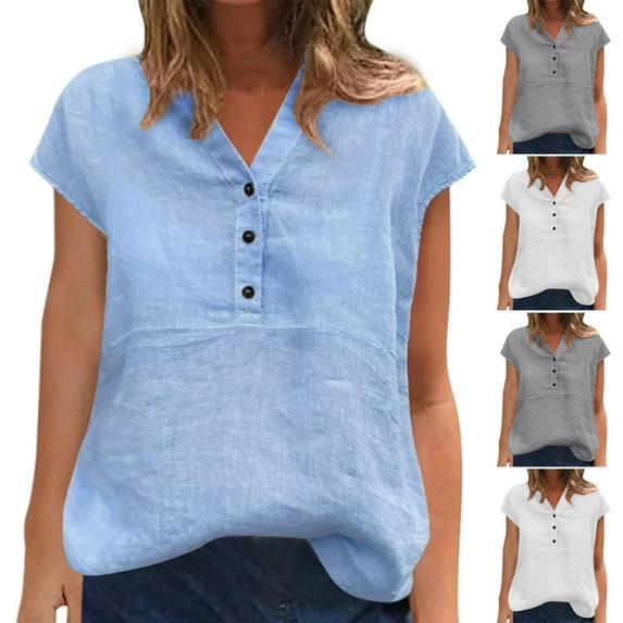 CQONEPT Clearance Cotton Linen Shirts for Women Summer Button Down V Neck Short Sleeve Tops 2025 Lightweight Breathable Solid Color Shirt 2025,Blue S-XXXL