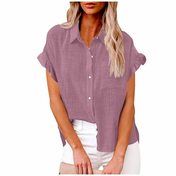 CQONEPT Cotton Linen Shirts for Women Button Down Short Sleeve Tops with Pocket Causal Solid Tees,Green