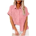 thumbnail image 1 of CQONEPT Cotton Linen Shirts for Women Plus Size Button Down Short Sleeve Tops Solid Tees with Pockets,Blue, 1 of 5