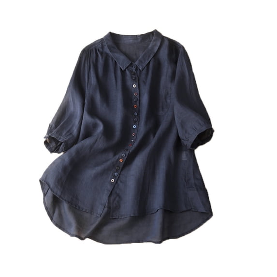 CQONEPT Cotton Linen Shirts for Women Solid Button Down Tops Summer 3/4 Sleeve T-Shirt,Khaki