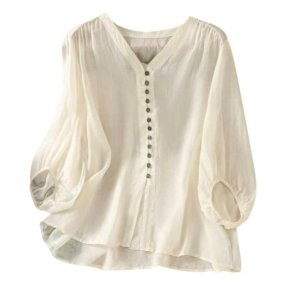 CQONEPT Clearance Cotton Shirts for Women Button Down V Neck Tops Summer Flowy Solid Shirt,White