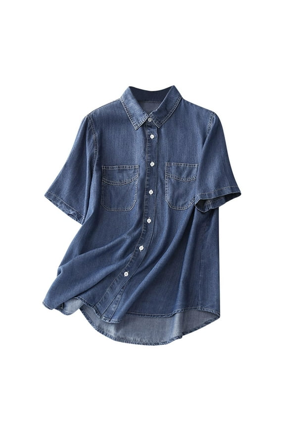 CQONEPT Denim Shirts for Women Button Down Short Sleeve Tops Loose Fit Solid Top with Pockets,Blue