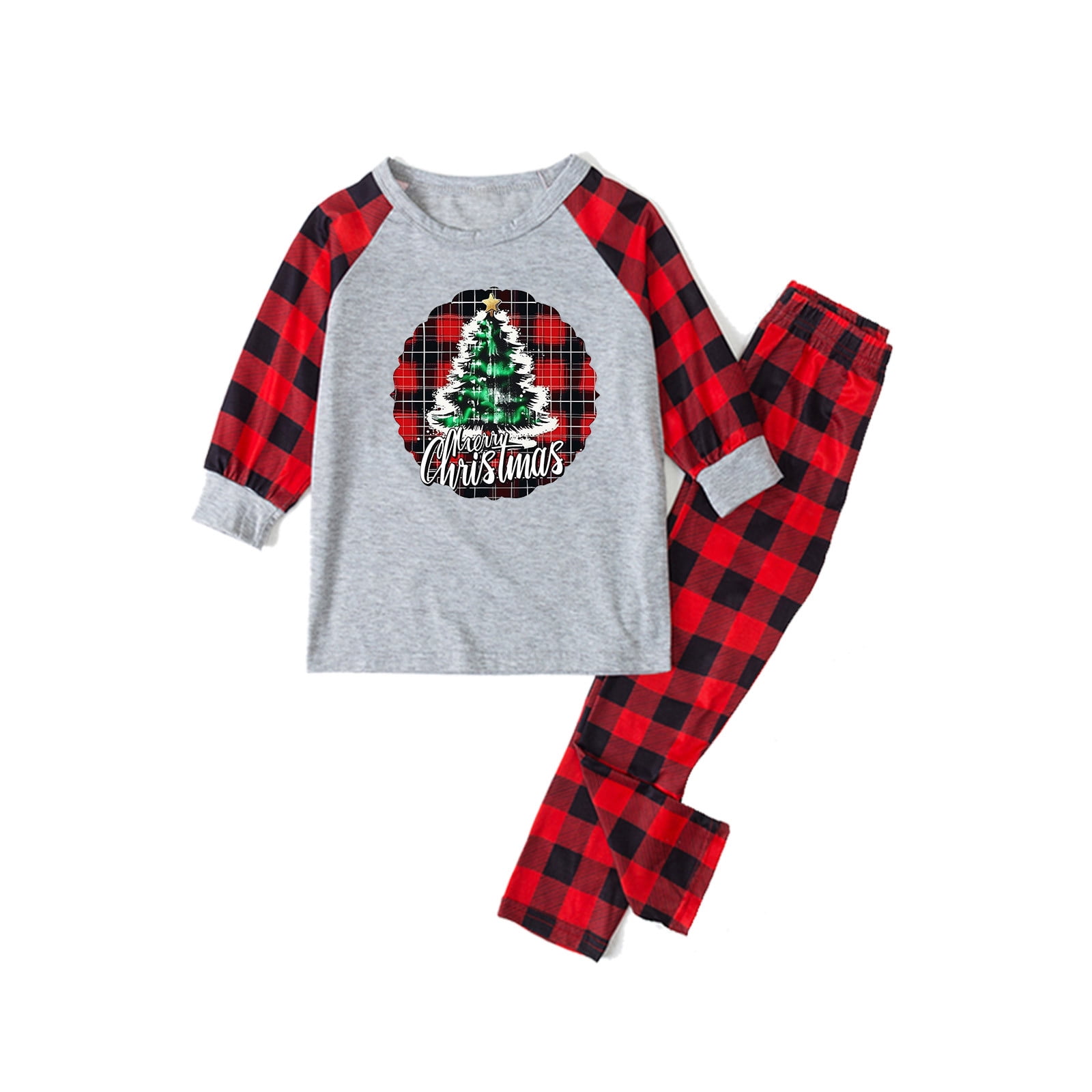 CQONEPT Clearance Matching Family Christmas Pajamas 2025 Xmas Tree Printed Pjs Sets with Plaid