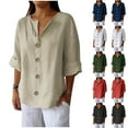 thumbnail image 1 of CQONEPT Plus Size Cotton Linen Shirts for Women Button Down V Neck Tops Summer Solid 3/4 Sleeve Tees,White, 1 of 7