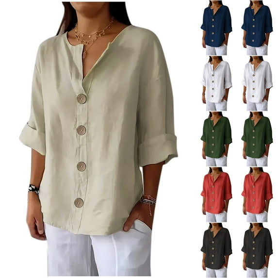 CQONEPT Plus Size Cotton Linen Shirts for Women Button Down V Neck Tops Summer Solid 3/4 Sleeve Tees,White