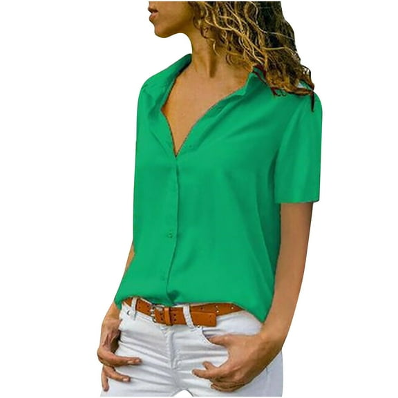 CQONEPT Plus Size Shirts for Women Button Down V Neck Short Sleeve Tops Summer Causal Solid Tees,Green