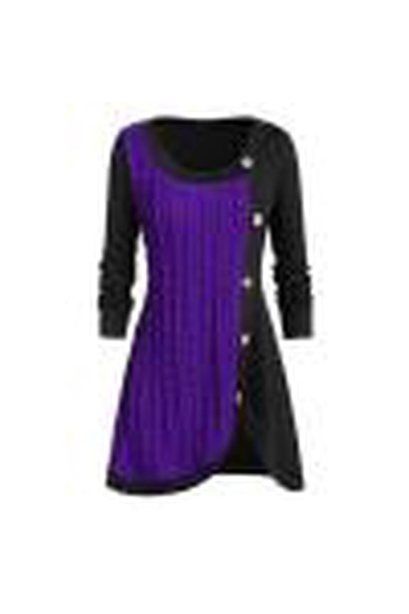 Plus Size Sweaters for Women Patchwork Tunic Knit Pullover Sweater Causal Comfy Button Long Sleeve Ribbed Tops Crewneck Blouse Irregular Hem Color Block Outerwear Red XL-5XL