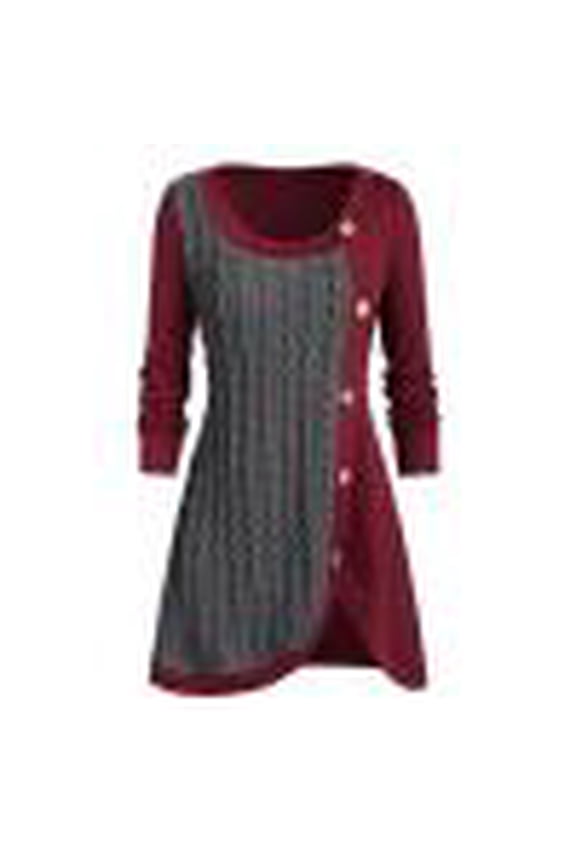 Plus Size Sweaters for Women Patchwork Tunic Knit Pullover Sweater Causal Comfy Button Long Sleeve Ribbed Tops Crewneck Blouse Irregular Hem Color Block Outerwear Red XL-5XL