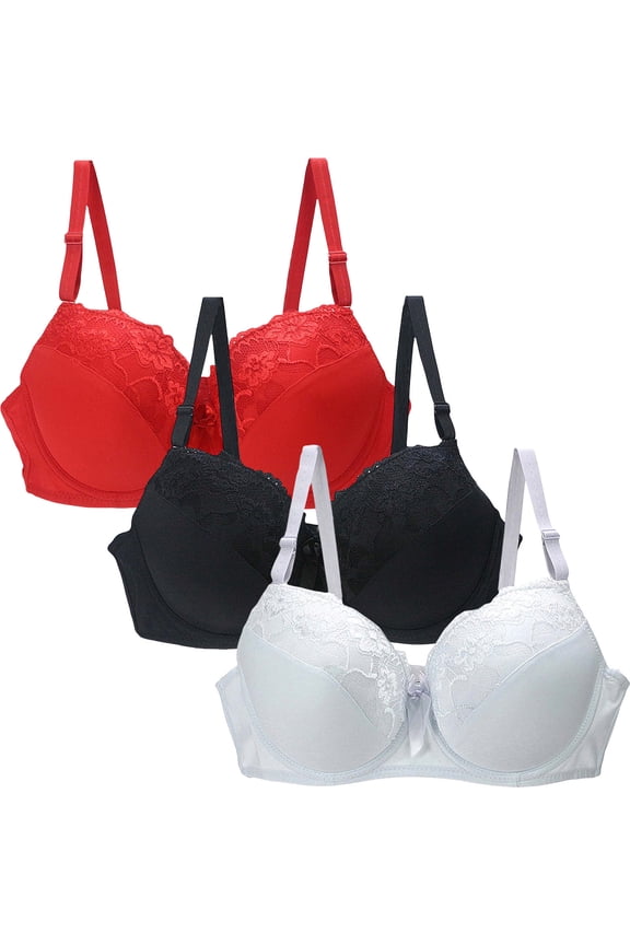 CQONEPT Push Up for Women Comfy Breathable Shaped Bra 3 Pack Lace Underwear,Red