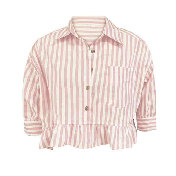 CQONEPT Clearance Shirts for Women 3/4 Sleeve Striped Tops Summer Cropped Button Down Top,Pink