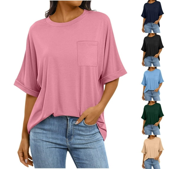 CQONEPT Shirts for Women Loose Fit Short Sleeve Tops with Pockets Summer Solid Color Crewneck T-Shirt Soft Comfy Top,Pink S-XXL