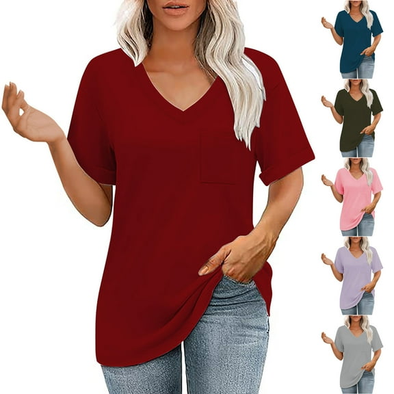 CQONEPT Shirts for Women V Neck Tunic Short Sleeve T-Shirt with Pockets Womens Summer Causal Comfy Solid Color Tops,Wine S-XXL