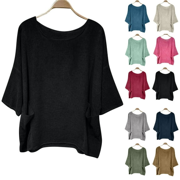 CQONEPT Shirts for Women with Pockets Loose Fit Crewneck Short Sleeve Tops Comfy Breathable Solid Color T-Shirt,Black S-XXL