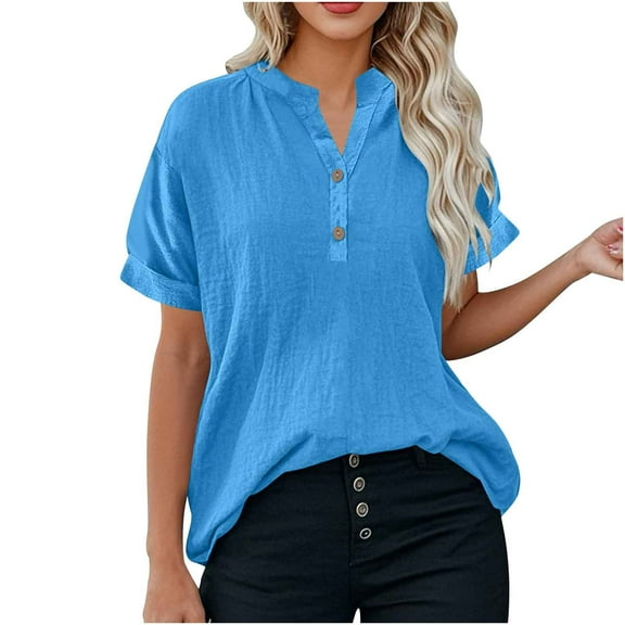 CQONEPT Short Sleeve Shirts for Women Plus Size Cotton Linen T-Shirt Solid Button Down V Neck Tops,Black