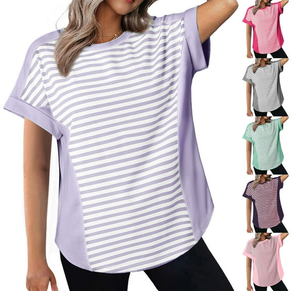 CQONEPT Striped Shirts for Women 2025 Crewneck Tunic Short Sleeve Tops Summer Loose Fit Comfy Color Block T-Shirt,Purple S-XXL