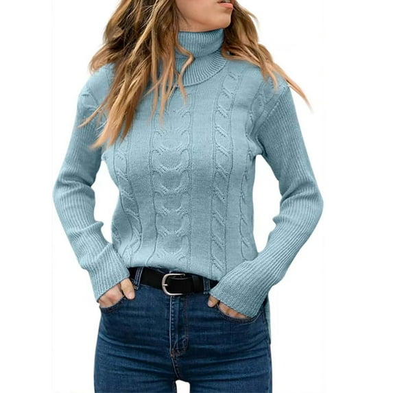 CQONEPT Turtleneck Sweaters for Women Causal Long Sleeve Knit Pullover Sweater Fall Winter Womens Solid Cable Tops Outfits Warm Comfy Slouchy Ribbed Blouse Blue S-XL