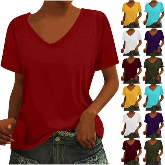 CQONEPT V Neck Shirts for Women Slim Fit Tunic Short Sleeve T-Shirt 2025 Summer Womens Solid Color Tops Tees,Red S-XXXL