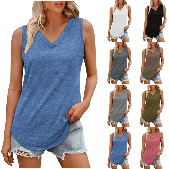 CQONEPT V Neck Tank Tops for Women Causal Tunic Sleeveless Top Ladies Solid Color Cami,Blue