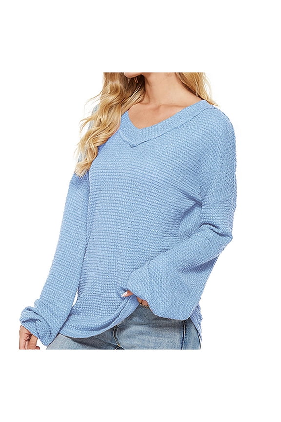 Waffle Sweaters for Women Long Sleeve V Neck Knit Pullover Sweater Womens Warm Comfy Solid Tops Fashion Lightweight 2024 Blouse Blue S-XXL
