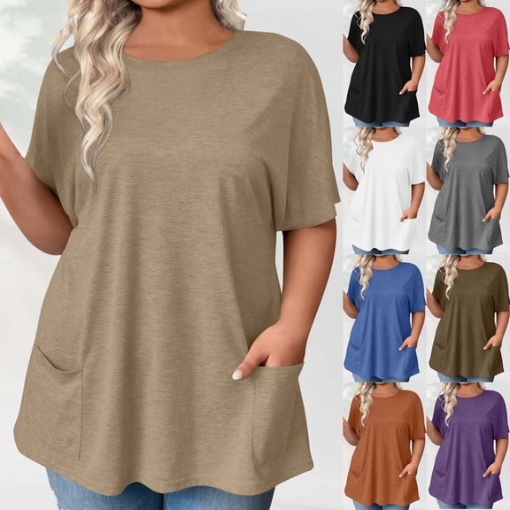 CQONEPT Womens Plus Size Shirts Loose Fit Crewneck Short Sleeve T-Shirt with Pockets Womens Comfy Solid Color Tees,Khaki L-5XL