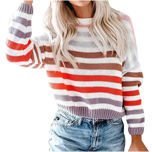 CQONEPT Womens Striped Sweaters Pullover Long Sleeve Crewneck Knit Pullover Warm Comfy Scoop Sweater 2024 Fall Winter Fashion Knitted Cropped Tops Purple S-XL