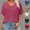 thumbnail image 1 of CQONEPT Clearance Womens Summer Shirts V Neck Tunic Short Sleeve Tops with Pockets 2025 Fashion Solid Color T-Shirt Tees,Wine S-XXL, 1 of 8
