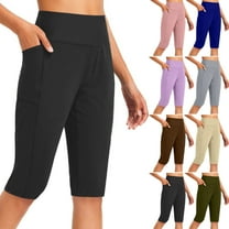 CQONEPT Clearance Yoga Capri Leggings for Women Half Pants with Pockets High Waisted Tummy Control Workout Gym Pants,Black S-XXL