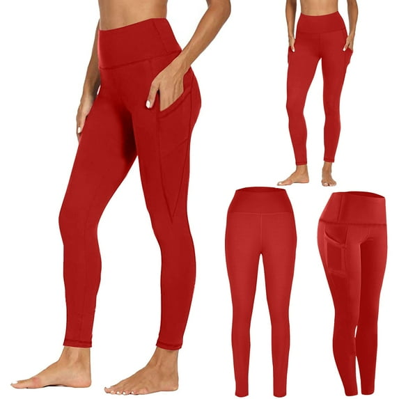 CQONEPT Clearance Yoga Leggings for Women with Pockets High Waisted Tummy Control Workout Legging Slim Fit Butt Lifting Pants,Red S-3XL