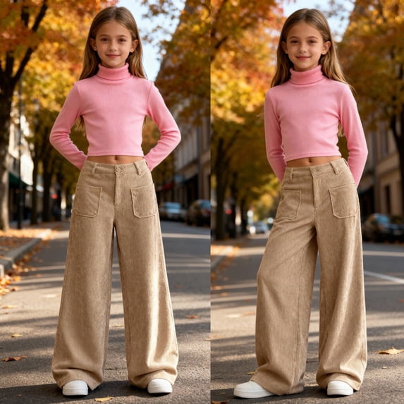 CQONEPT Corduroy Pant for Girls Wide Leg Flat Front School Uniform School Pant Fashion Cute Dress Pant for 6-17 Years Khaki 15 Years