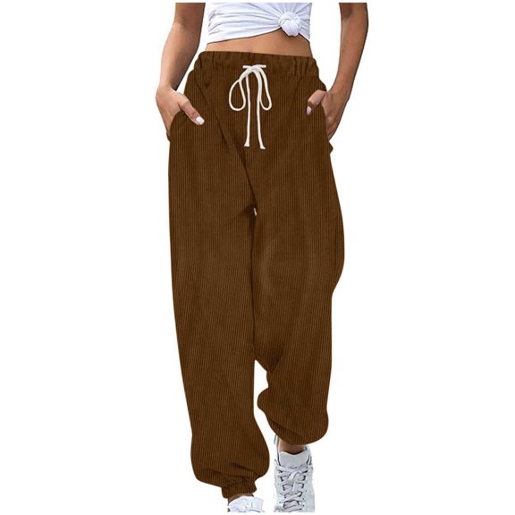 CQONEPT Corduroy Pants for Womens Drawstring Casual Loose Tapered Pant Elastic Waisted Fleece Lined Trousers with Pockets Coffee XL