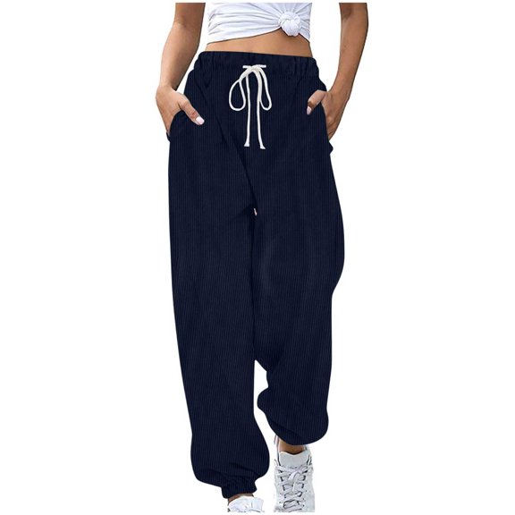 CQONEPT Corduroy Pants for Womens Drawstring Casual Loose Tapered Pant Elastic Waisted Fleece Lined Trousers with Pockets Dark Blue S