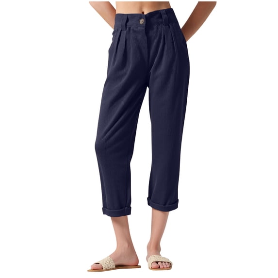 CQONEPT Corduroy Pants for Womens Pleat Skinny Leg Warm Fall Winter Pants Lerisure Loose Fit Trousers with Pockets Navy L