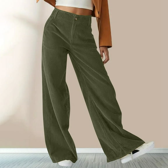 CQONEPT Corduroy Pants for Womens Wide Leg Warm Fleece Lined Pant High Waist Trendy Fashion Trousers with Pockets Army Green XL