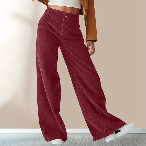 CQONEPT Corduroy Pants for Womens Wide Leg Warm Fleece Lined Pant High Waist Trendy Fashion Trousers with Pockets Wine M