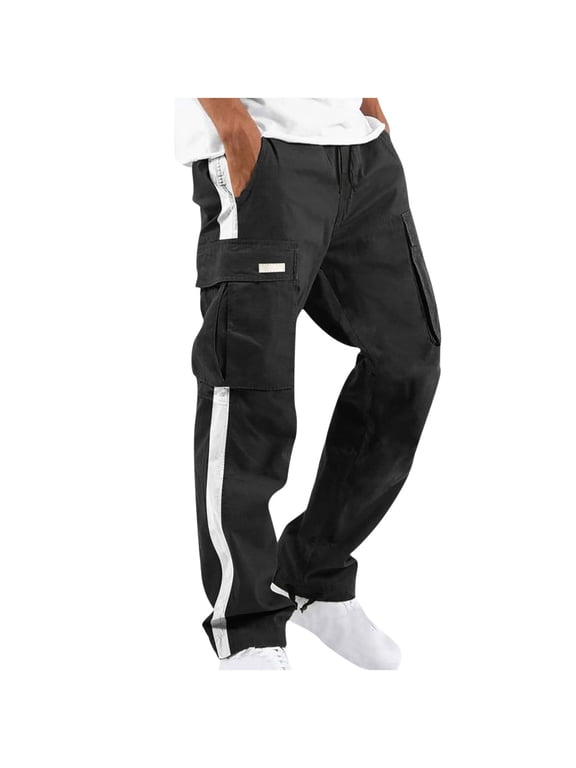 Cotton Cargo Pants for Men Casual Patchwork Drawstrings Pant Elastic Waisted Y2K Streetwear Trousers with Pockets White XL