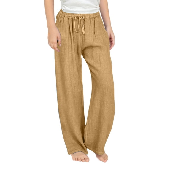 CQONEPT Cotton Linen Pants for Girls Drawstring Wide Leg Pant Baggy Casual High Waist Palazzo Lightweight Pants Beige 12 Years