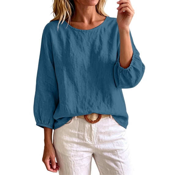 CQONEPT Cotton Linen Shirts for Women Puff 3/4 Sleeve Crewneck Blouse Casual Loose Fit T Shirt Gauze Tunic Tops for Fall Blue L