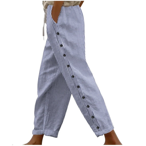 CQONEPT Cotton Linen Stripe Pants for Womens Side Button Pant Casual Loose Fit Drawstring Outdoor Pant with Pockets Light Blue 2XL