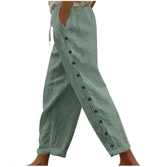 CQONEPT Cotton Linen Stripe Pants for Womens Side Button Pant Casual Loose Fit Drawstring Outdoor Pant with Pockets Mint Green 2XL