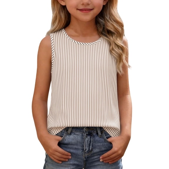 CQONEPT Cotton Linen Striped Tank Tops for Girls Summer Sleeveless Fashion Shirt Casual Lightweight Beach Blouse Tops Khaki 13 Years