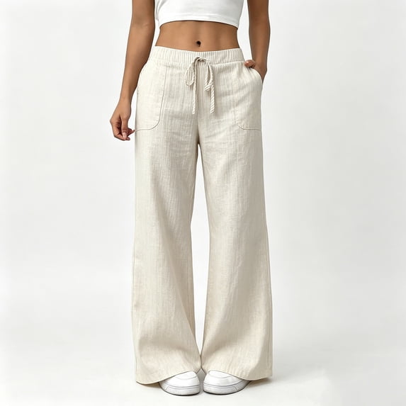 CQONEPT Cotton Linen Wide Leg Pants for Women Elastic Waist Drawstring Pant with Pockets Straight Leg Lounge Baggy Trousers White XL