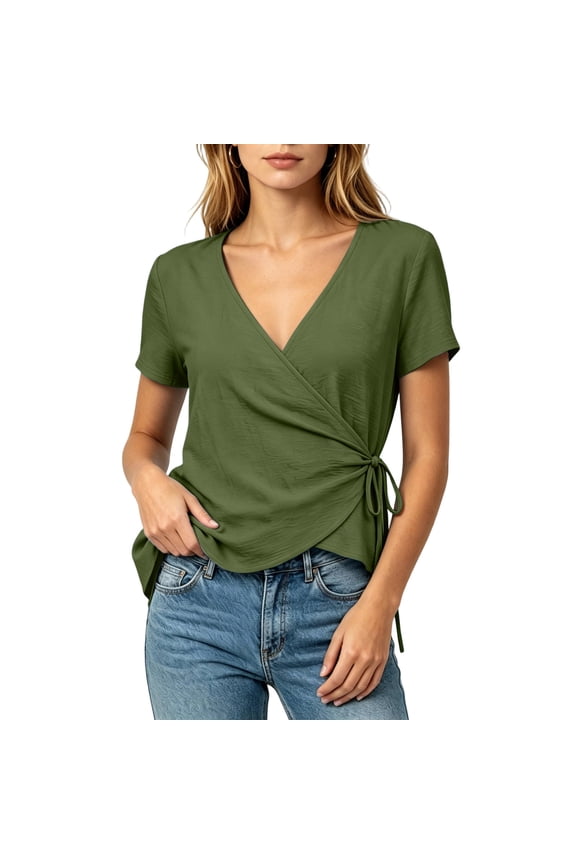 Cotton Linen Wrap Shirts for WomenS Slim Fit Ribbed Knit Tops Summer Casual Short Sleeve Blouse Tie Side Ruched Tees Army Green XXL