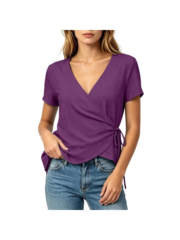 Cotton Linen Wrap Shirts for WomenS Slim Fit Ribbed Knit Tops Summer Casual Short Sleeve Blouse Tie Side Ruched Tees Purple XXXL