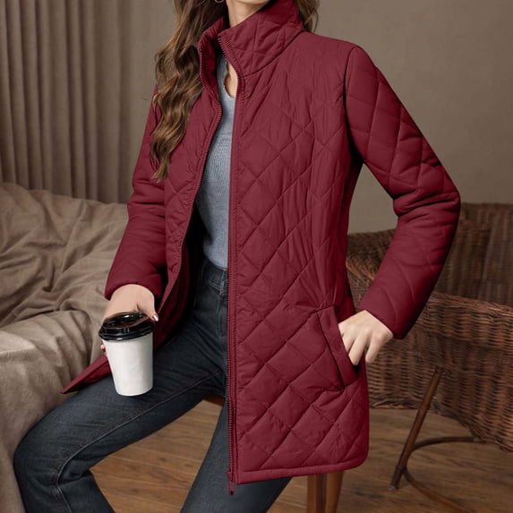 CQONEPT Cotton Overcoat for Womens Puffer Quilted Lapel Neck Jacket Coats Lightweight Plain Zip Up Winter Outerwear Red XL