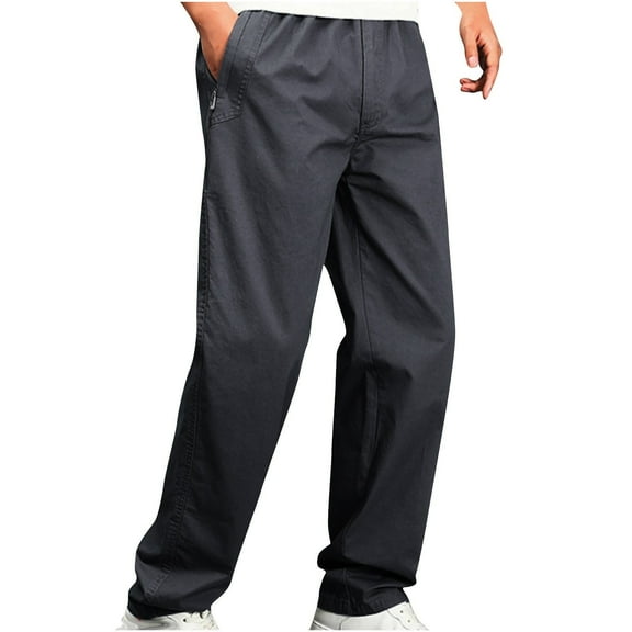 CQONEPT Cotton Pants for Men Big and Tall Skinny Leg Pant with Zip Pocket Loose Fit Casual Elastic Waisted Outdoor Trousers Dark Gray L