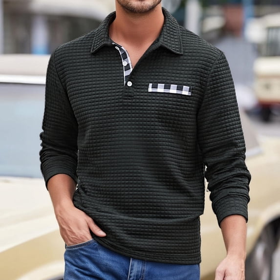 CQONEPT Crewneck Pullover Tops for Men Textured Long Sleeve Shirts Ribbed Knitted Lightweight Tops Classic Casual Clothes Black S