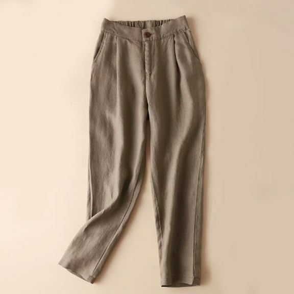 CQONEPT Crop Pants for Womens Straight Leg Cotton Linen Pants High Waist Casual Loose Fit Harem Pants Coffee 2XL