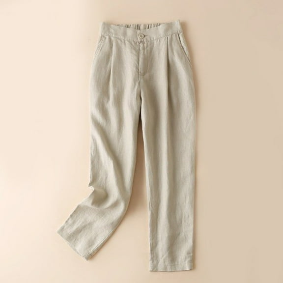 CQONEPT Crop Pants for Womens Straight Leg Cotton Linen Pants High Waist Casual Loose Fit Harem Pants Khaki L