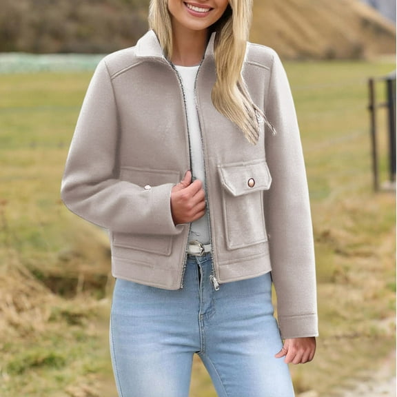 CQONEPT Crop Shacket for Womens Casual Full Zip Up Jacket Long Sleeve Trendy Coats Warm Winter Classic Clothing with Pockets Beige L
